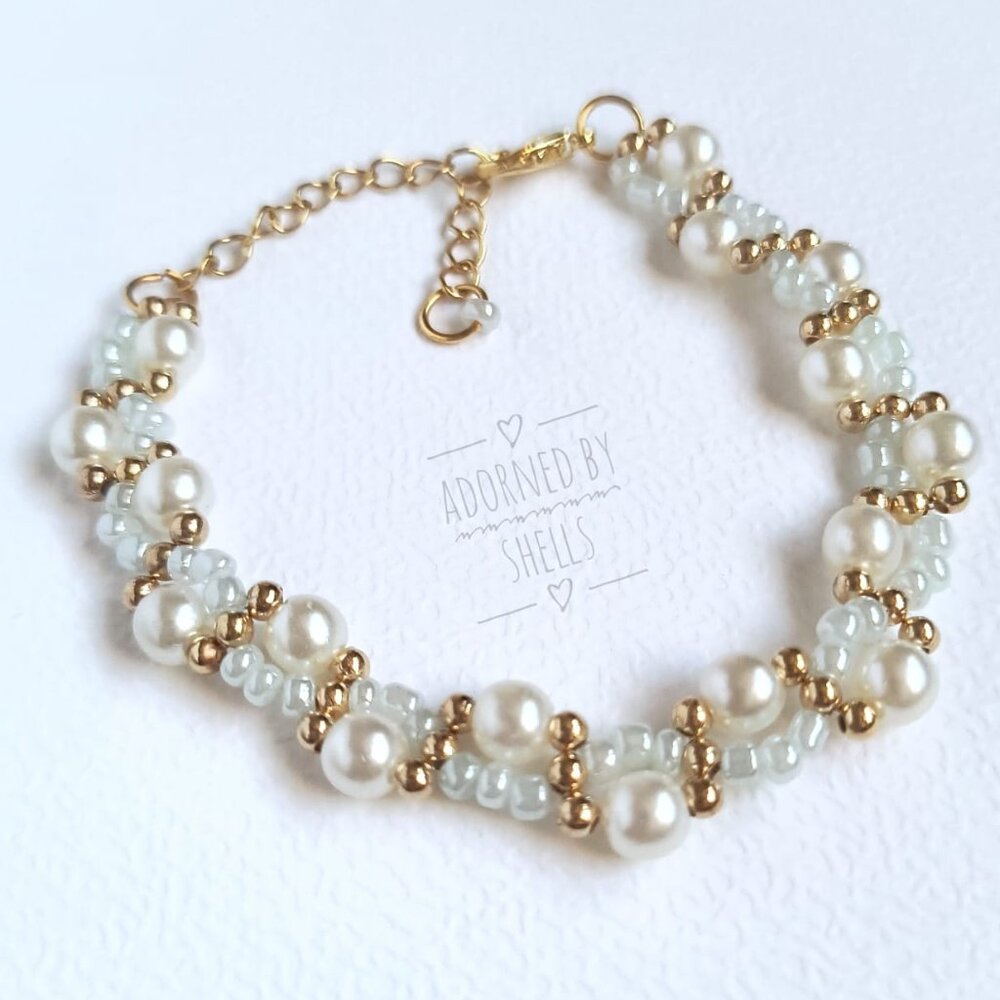 Beaded Bracelet, Blue Beads & Faux Pearls Bridal Stainless Steel Gold Jewelry